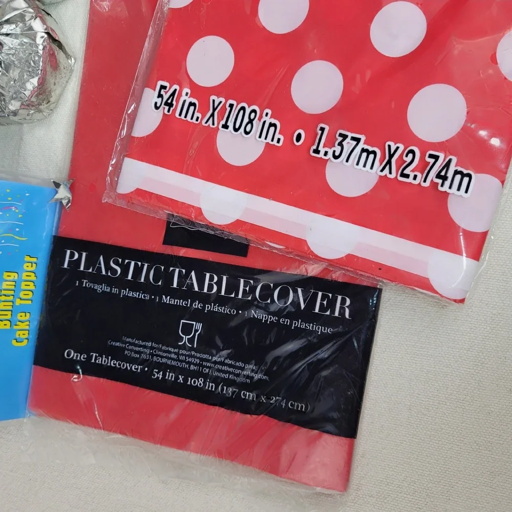 5pc Party Supply Lot Red Polka Dot‎ Tablecovers Balloon Weights Cake Topper